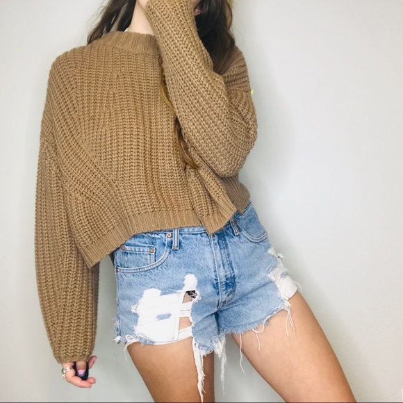Kendall Kylie Chunky Crop Brown Sweater 